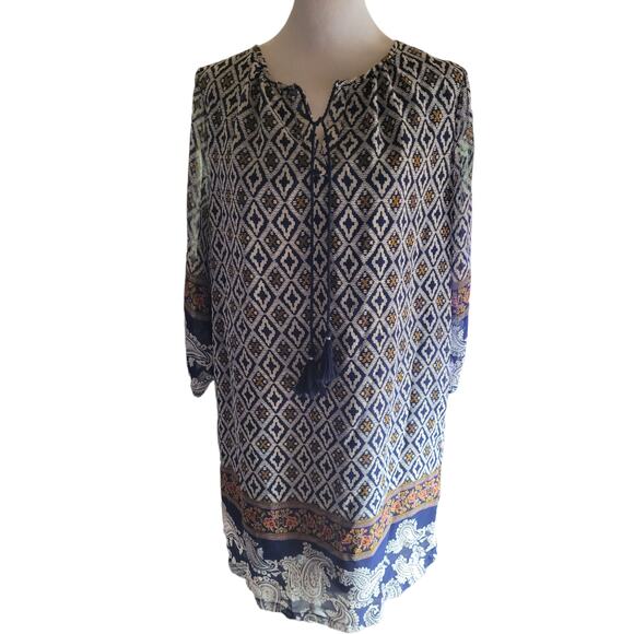 IRIS Los Angeles Boho Tunic Dress Large Blue Ikat Tassel 3/4 Sleeve Festival - Picture 1 of 9